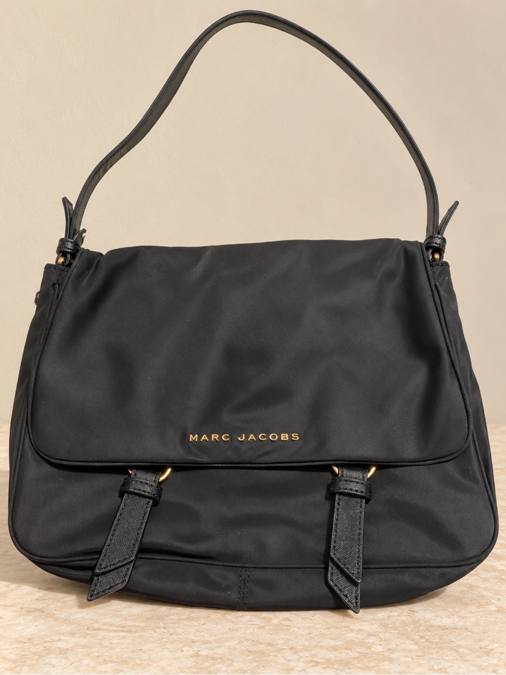 Marc Jacobs Black Nylon Messenger Bag with Gold Logo